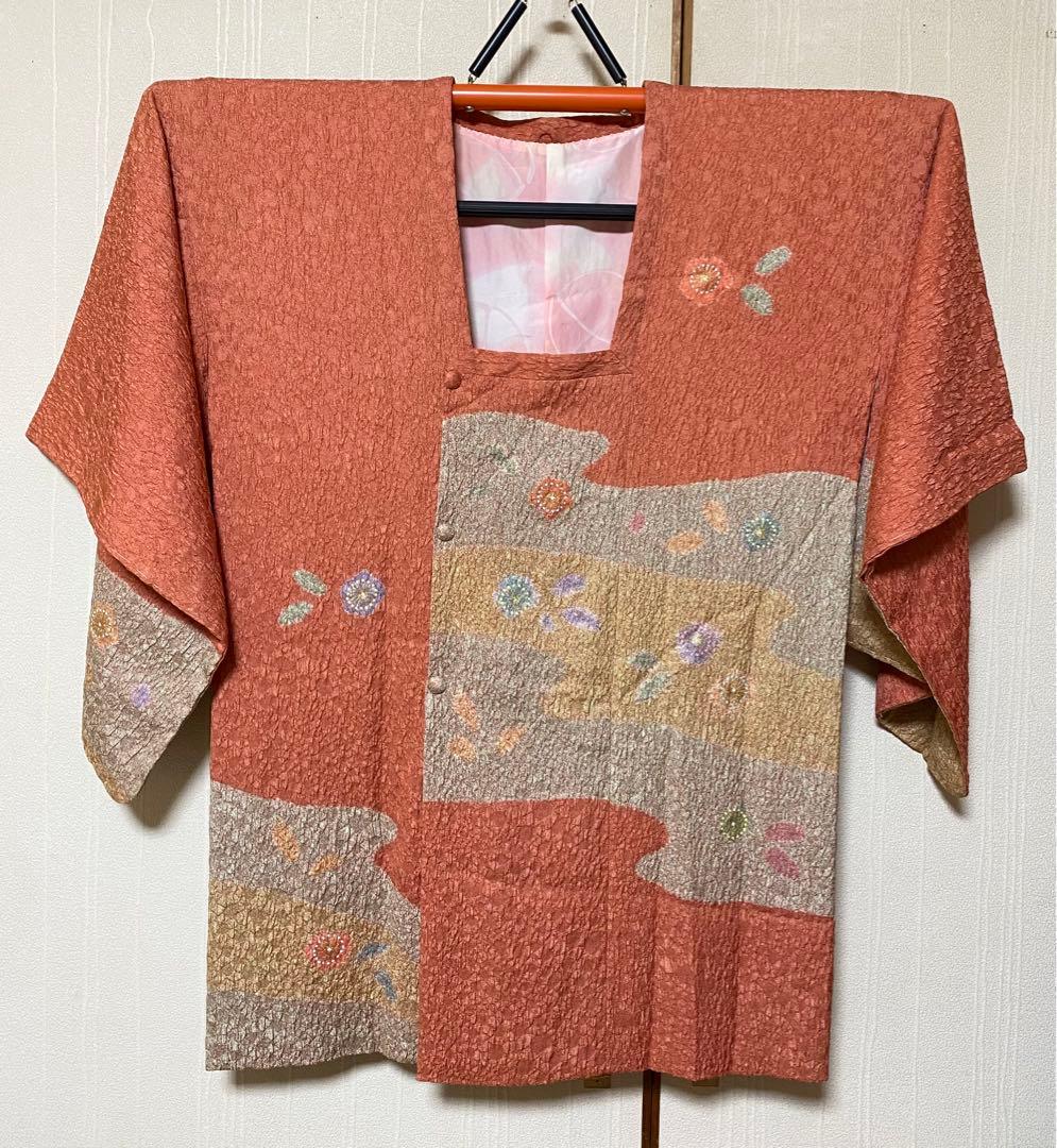 着物正絹 ふくれ織り道行き 袷 和装コート 道中着 仕付け糸あり