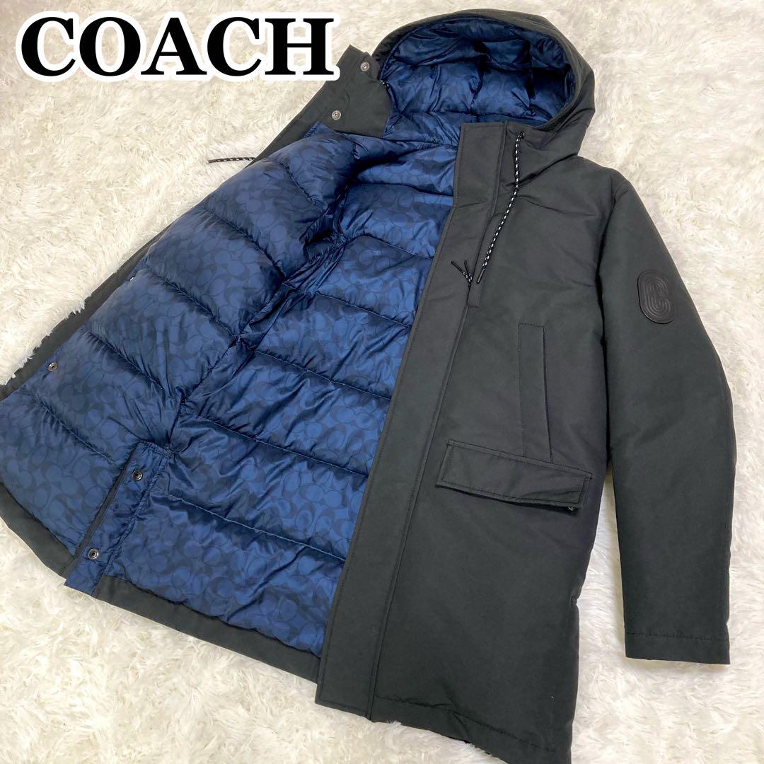 極美品✨ COACH ダウンコート 黒×ネイビー シグネチャー 総柄 ロゴパッチ
