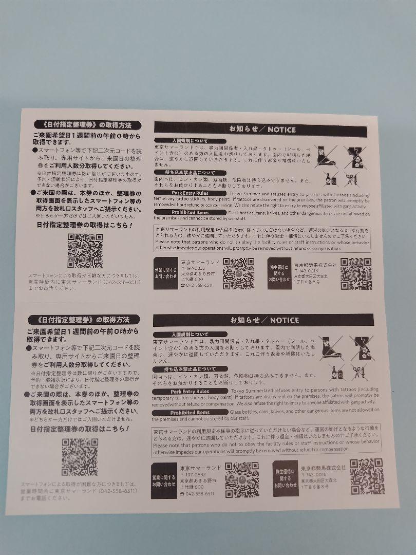 ペア 東京サマーランド 1Dayパス