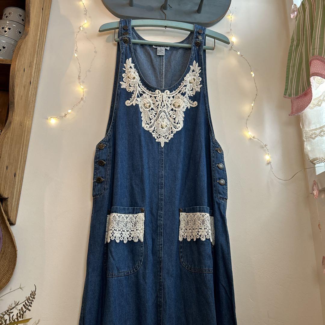 US vintage デニム サロペット レース　エプロンワンピース　L 古着