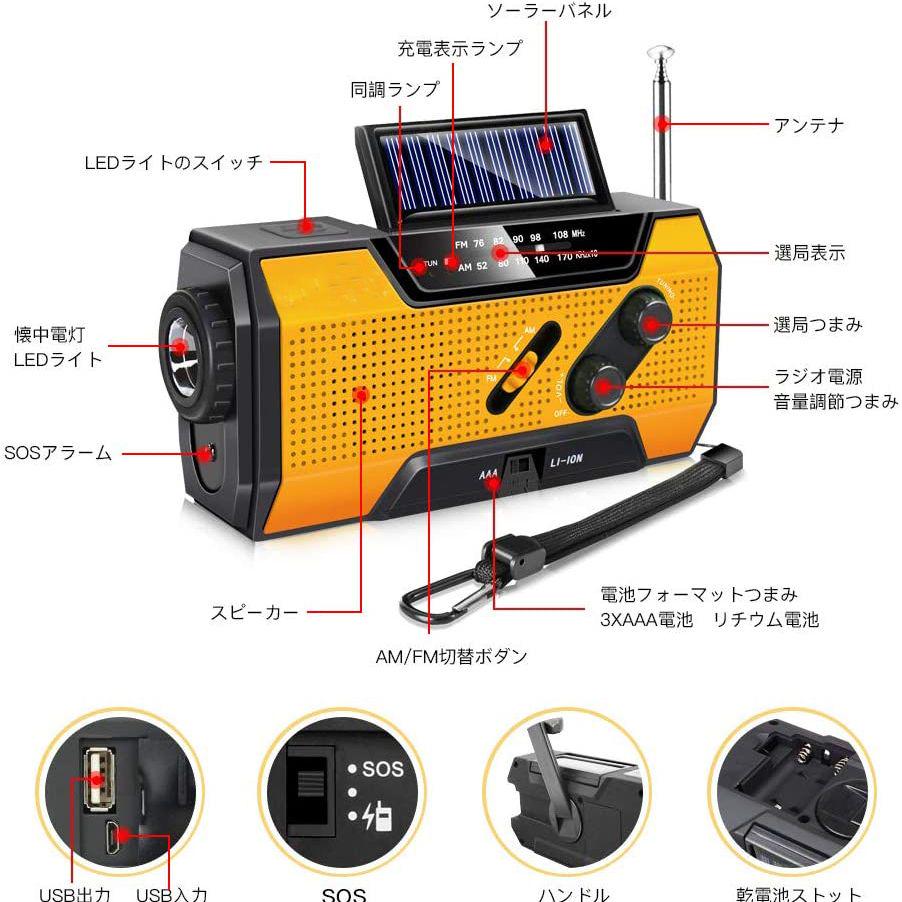 ラジオライト USB充電 手回し充電 太陽光充電 防災ラジオ ソーラーラジオ