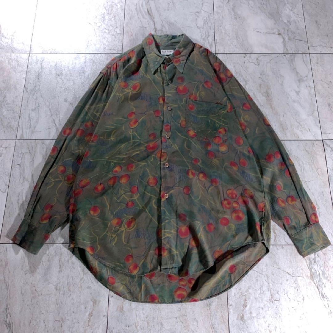 80s 90s ポールスミス レーヨン 総柄 シャツ 長袖 カーキ オリーブ