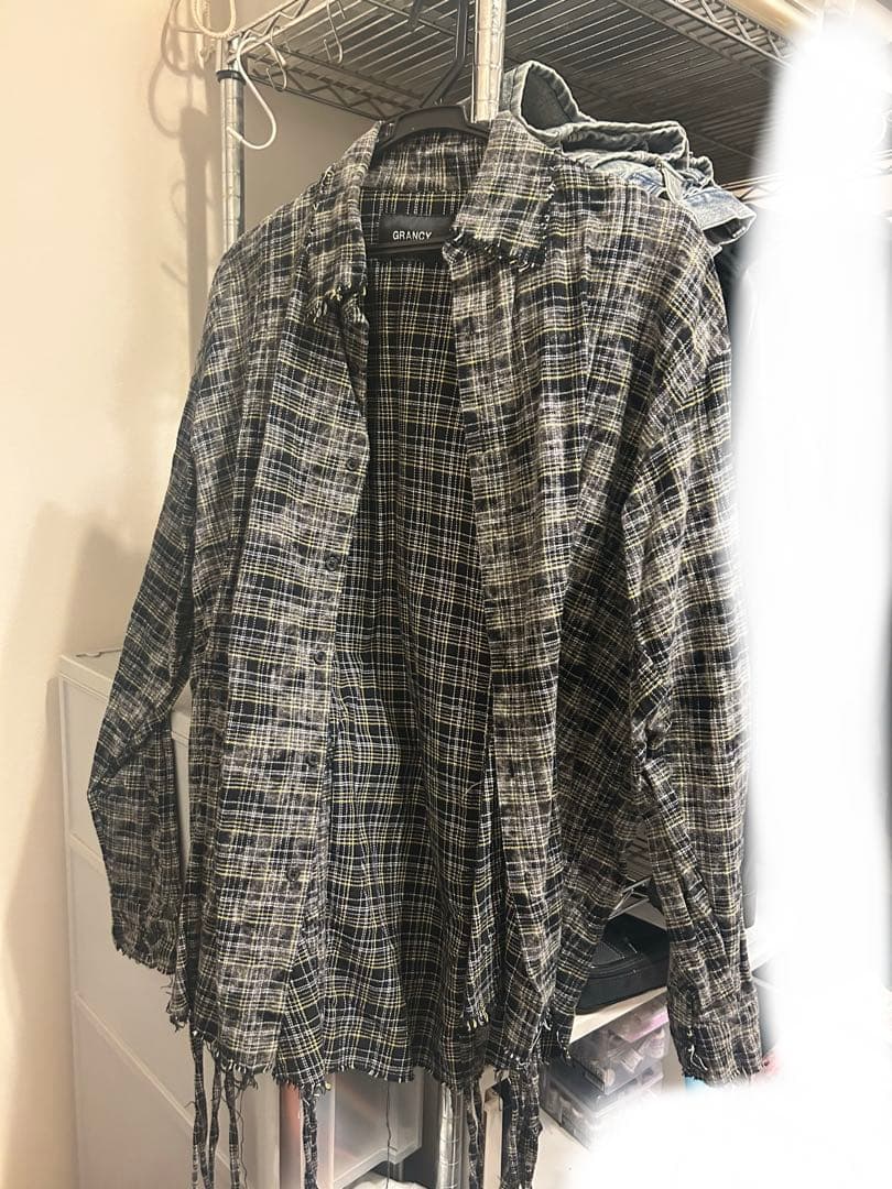 Grancy シャーリングデザインブリーチチェックシャツ ブラック M Grancy シャーリングデザインブリーチチェックシャツ ブラック M