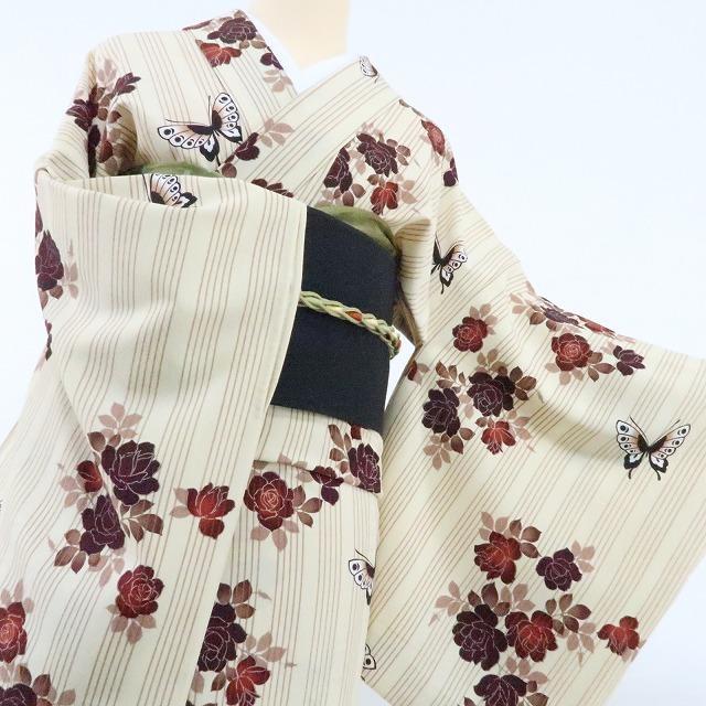 Y1366 美品 単衣『ベージュ×薔薇』洗える着物 小紋 着物