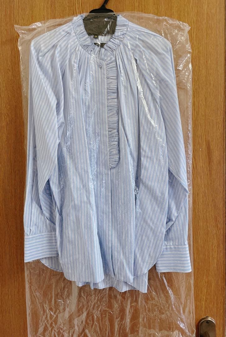 新品 Drawer ドゥロワー コットンストライプフリルブラウス　ブラミンク