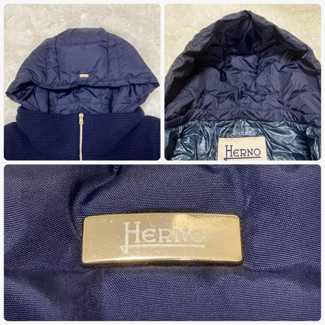 snow✨HERNO ダウンコート ニット 切替 ネイビー プレート 42