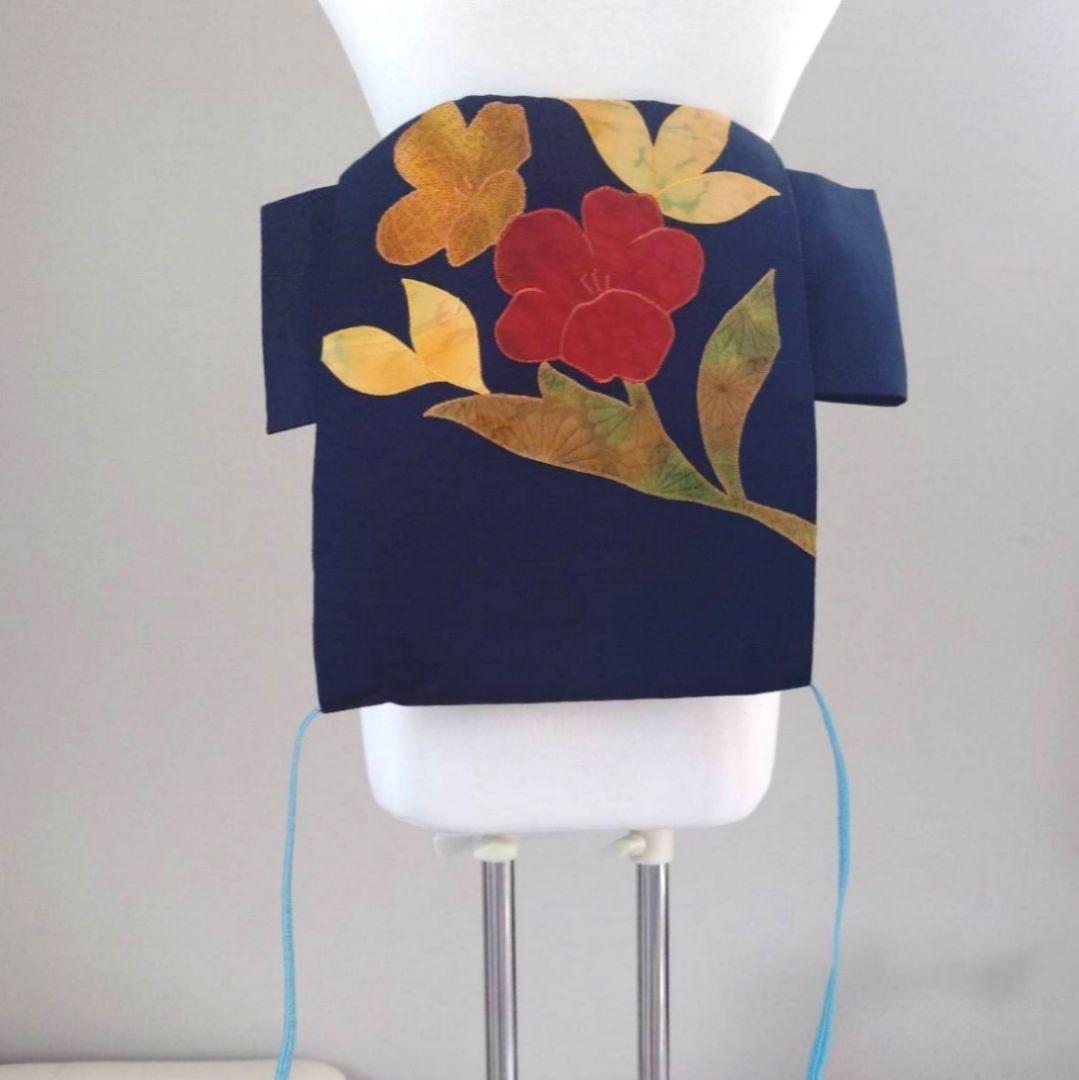 パッチワークに膨れ織　作り帯付け帯　銀座　手織り紬　胴巻き〜95cm 正絹　青藍