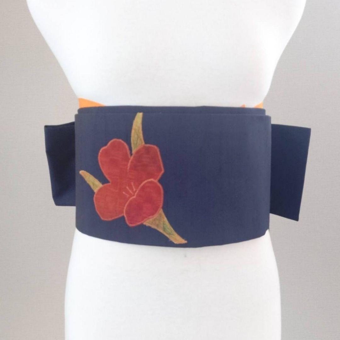 パッチワークに膨れ織　作り帯付け帯　銀座　手織り紬　胴巻き〜95cm 正絹　青藍