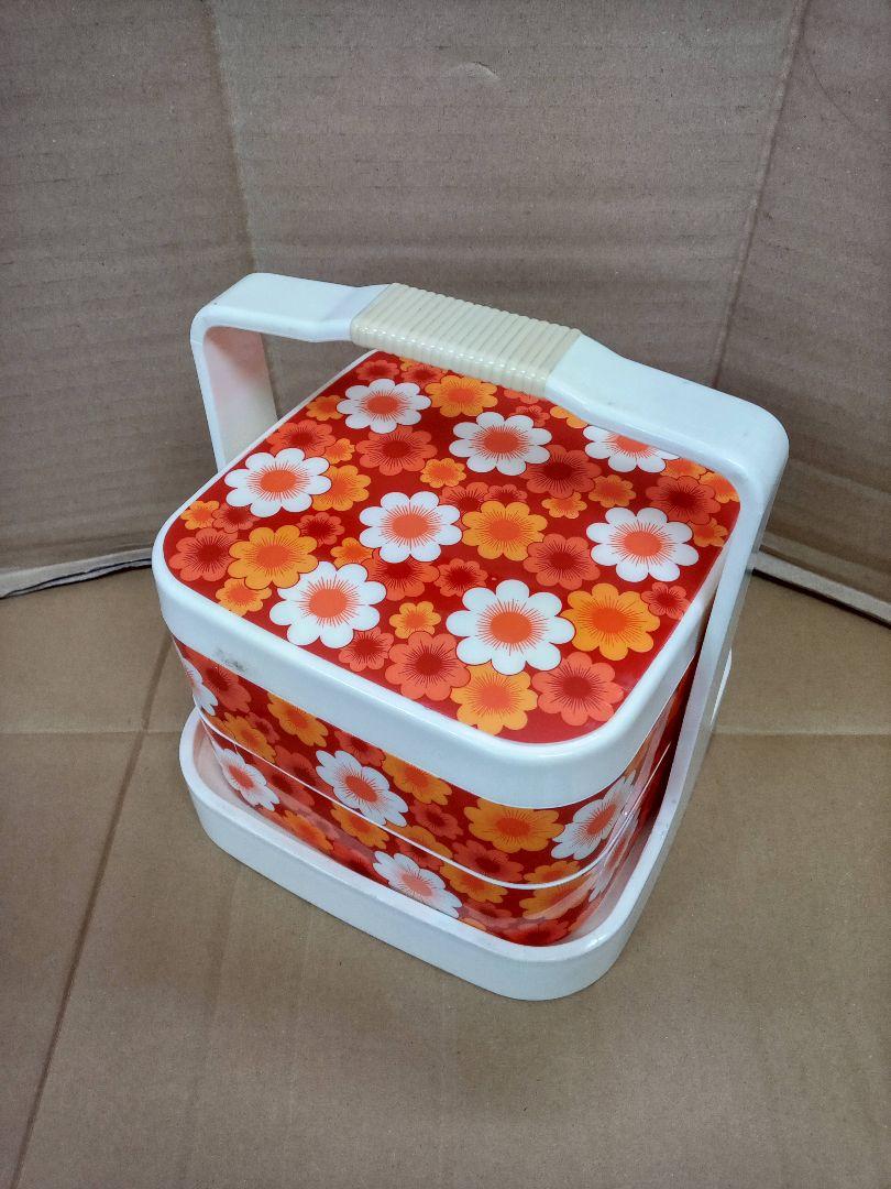 （未使用品）70年代 レトロポップ オレンジ 花柄 2段お重 重箱 ワールド印