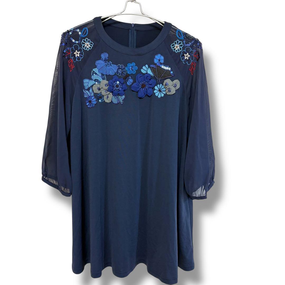 【美品】TOKUKO 花刺繍シフォン　チュニック9号紺　5部袖　レディース 美品】TOKUKO 花刺繍シフォン チュニック9号紺 5部袖 レディース