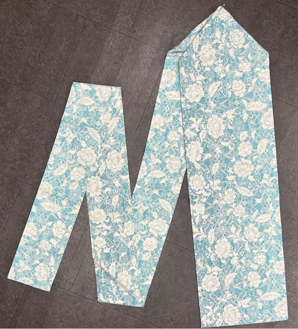 麻の名古屋帯 花柄 水色