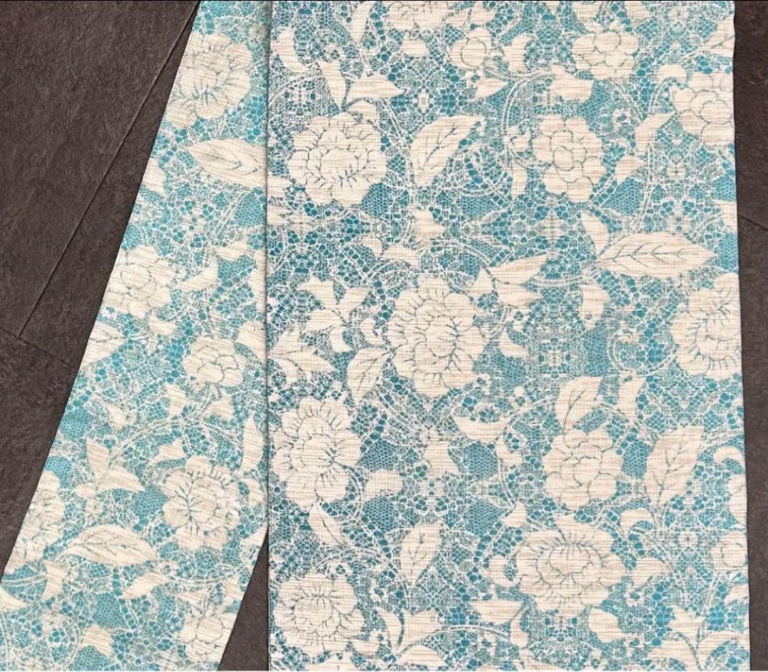 麻の名古屋帯 花柄 水色