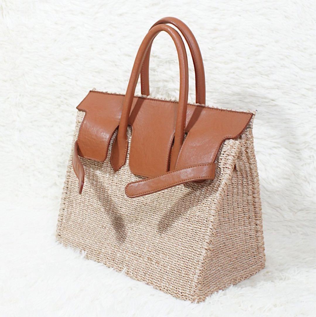 大人気 美品《SEA》カゴバッグ(L)異素材 自立 レザー 藁 大容量 天然素材