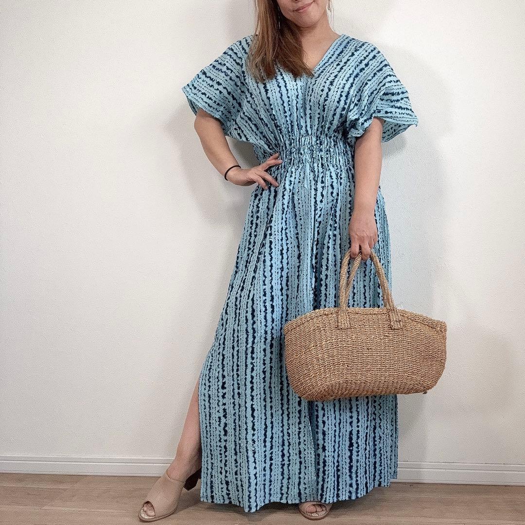 リメイク　有松絞り　浴衣　ワンピース　ハンドメイド　ロング　水色　シンプル
