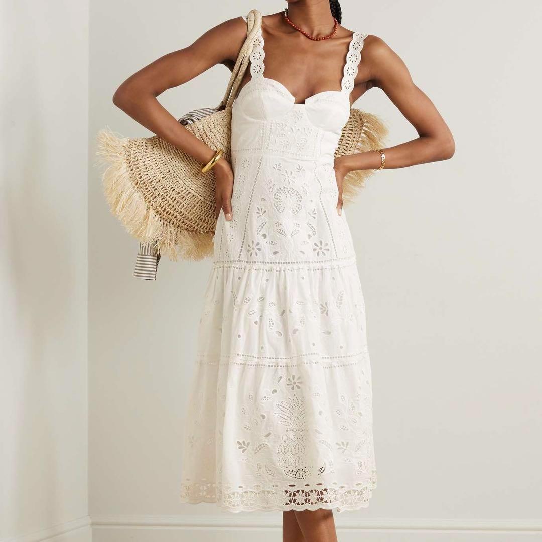 FARM RIO ブロイダリーアングレーズコットン ティアードミディ丈ワンピース