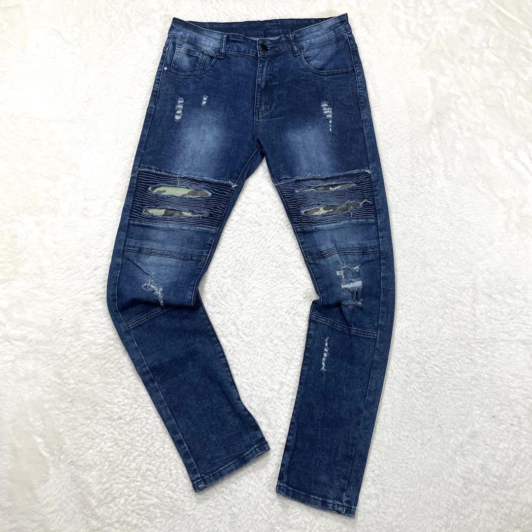 デニム　スキニー　ストレッチ　ダメージ加工 迷彩　グランジ　ストレッチ　L