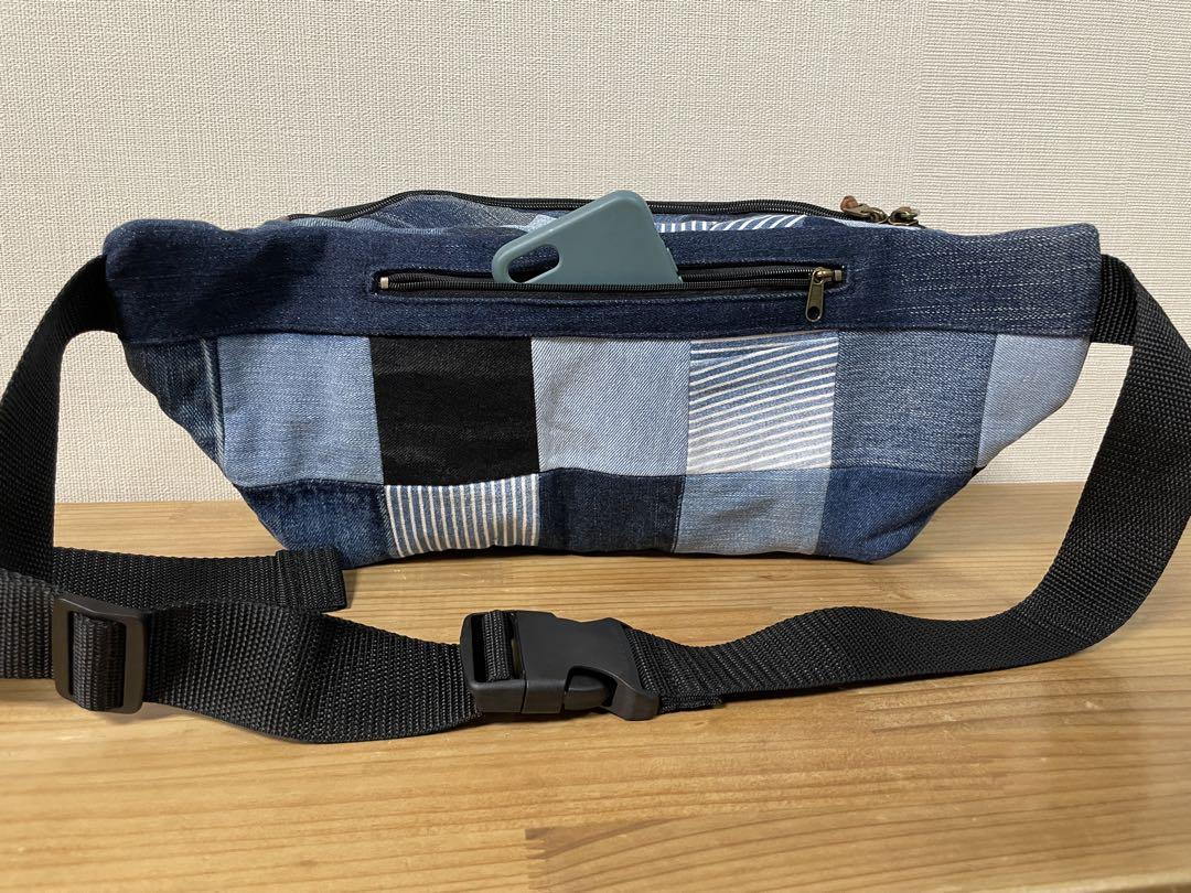 ハンドメイド　デニムリメイク　ウエストポーチ　ボディバック　パッチワーク