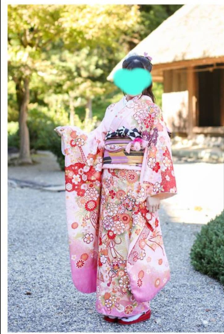 ピンク系 花柄 振袖 黒帯
