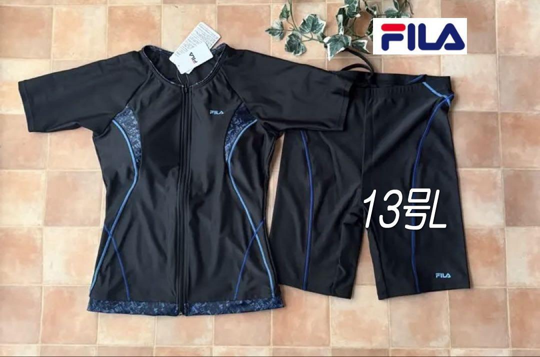 新品◆FILAフィラ・袖付切替フィットネス水着・13号L・紺ネイビー×黒