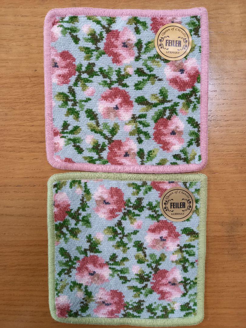 フェイラーハンカチ花柄ピンク&黄緑２枚セット 15×15㎝
