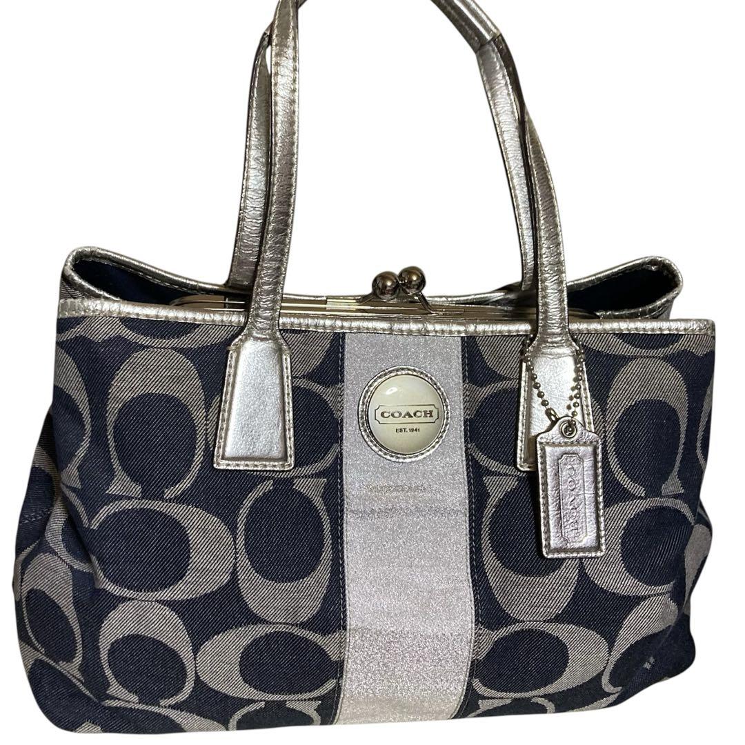 coachコーチ　がま口　デニムトートバッグ総柄シグネチャー COACH コーチ トートバッグ がま口 3層 シグネチャー デニム 大
