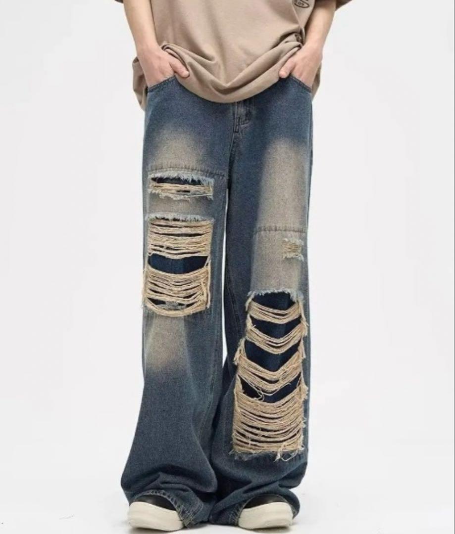 ダメージ加工ワイドデニムパンツ