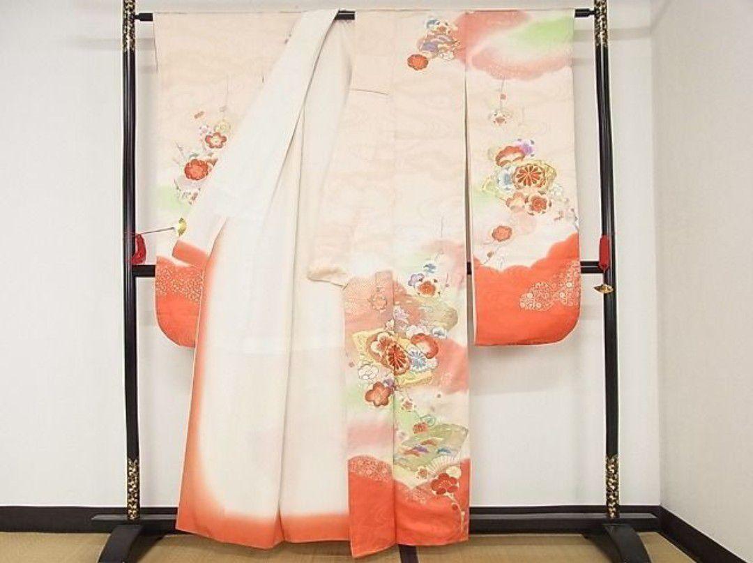 豪華振袖 駒刺繍 刺繍 扇面枝梅文 暈し染め 金銀糸 正絹 逸品
