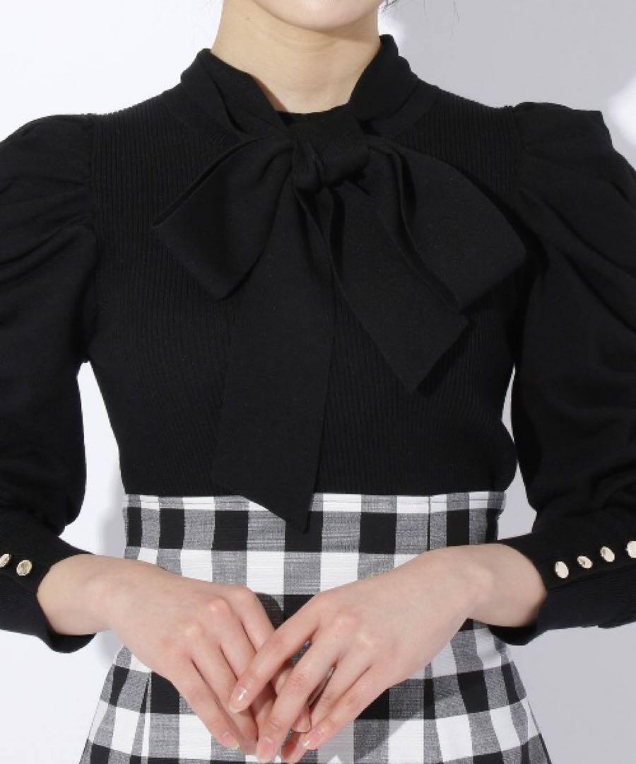 AndCouture アンドクチュール 袖ギャザーボウタイ付きニットプルオーバー