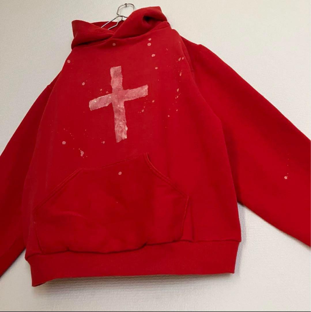 ダメージ古着 十字架 袖太 赤 ボロ スウェット トレーナー パーカー BORO