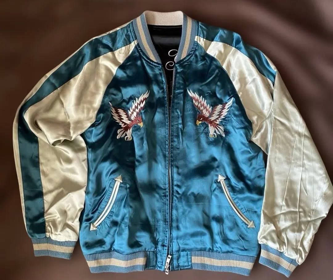 矢沢永吉ターコイズ サテン スカジャン 鷲虎刺繍リバーシブルL