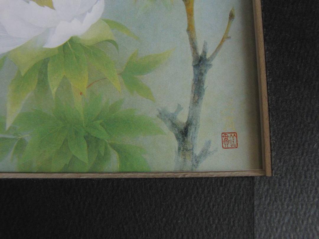 絹本彩色画 【 寒 牡 丹 ノ 図 】 木枠扁額仕立て 無落款 下島洋貫、「寒牡丹」、希少な画集の額装画、オーダーマット付