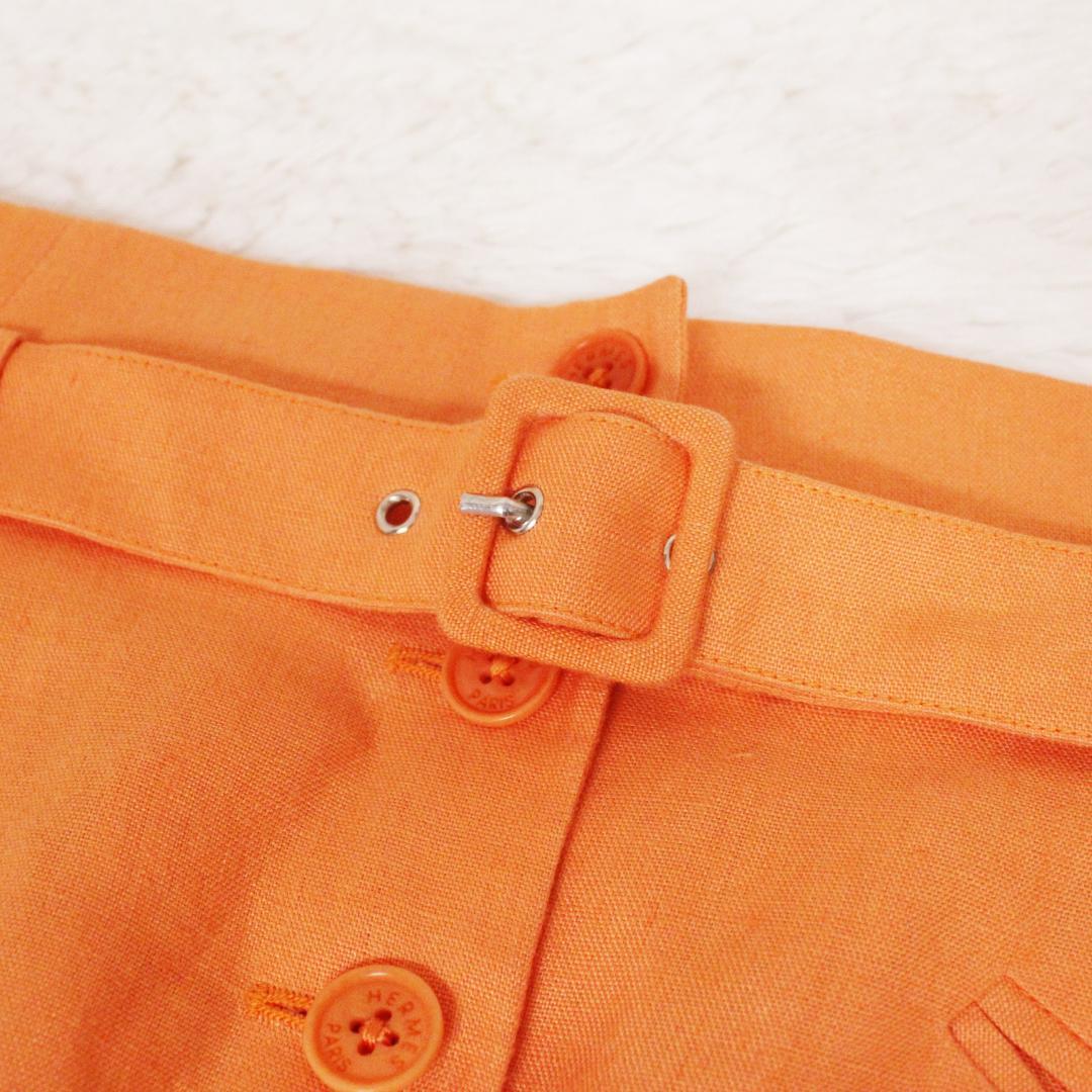 極美品 HERMES エルメス フレアスカート ベルト付き 麻 リネン オレンジ