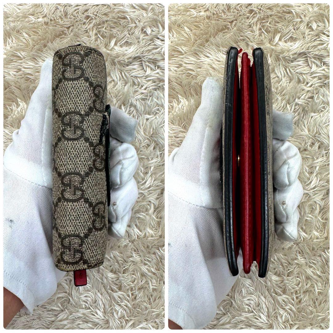 【美品】グッチ 二つ折り財布 ベージュ スネーク スプリーム ハート レディース