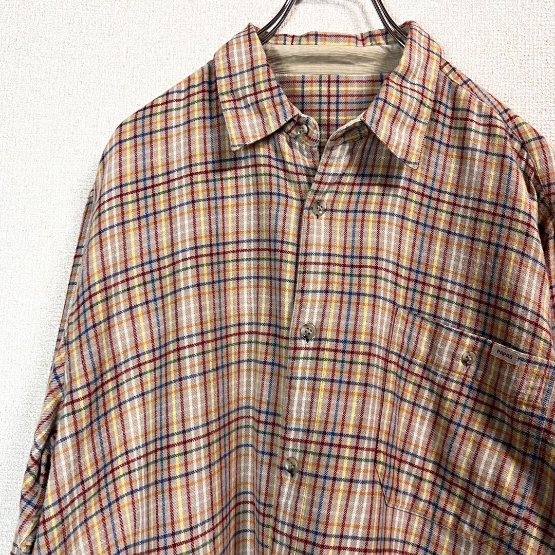 PAPAS パパス ネルシャツ 長袖マルチカラー チェック コットン48 M位