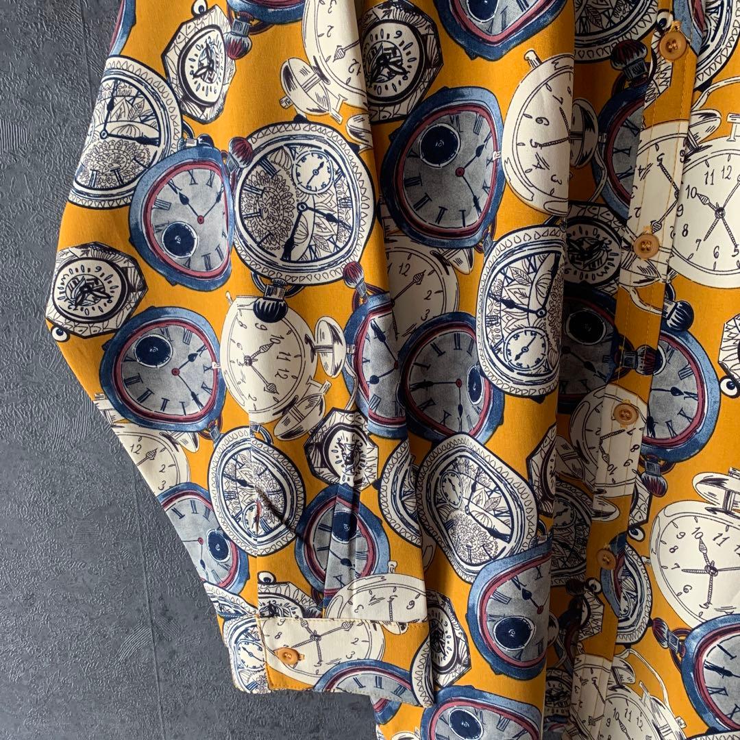 N【シャツ　総柄　時計　透け感　レトロデザイン　古着】 柄シャツ レディース 半袖 L 青 古着 総柄 昭和 レトロ アート 絵画