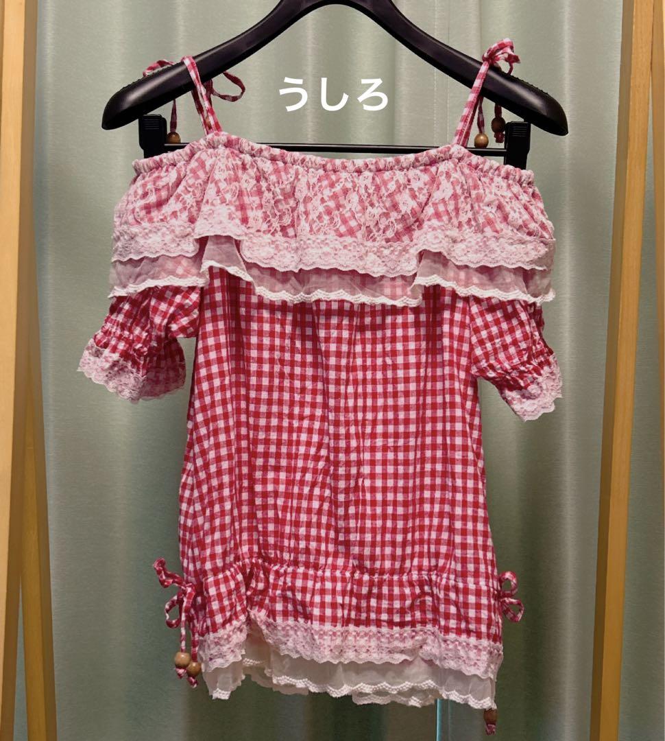 激レア！姫カジ！トゥララ 赤ギンガムチェック 白レース オフショル トップス