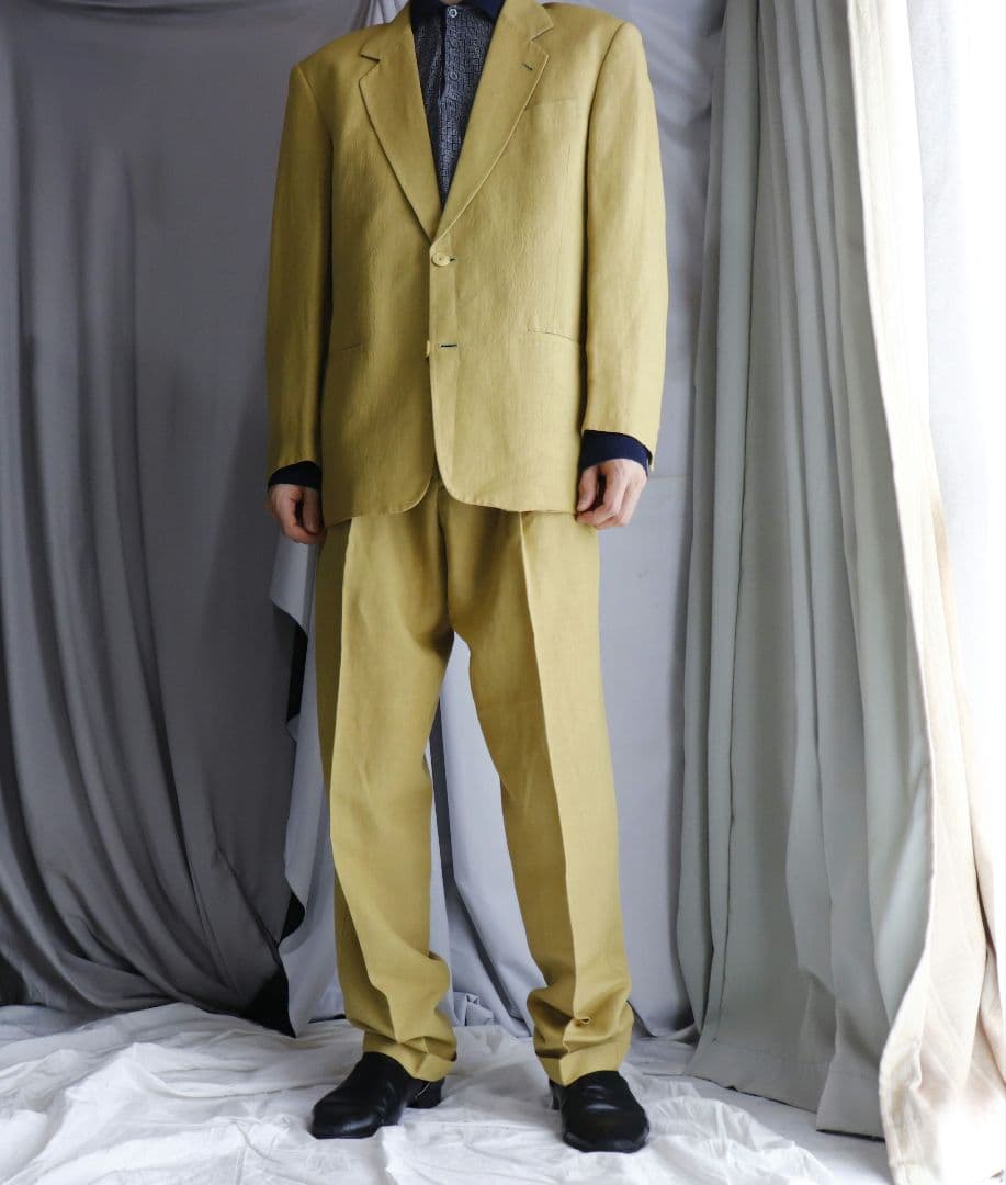 70s80s イタリア製 からし色 リネン セットアップ スーツ 『3年保証