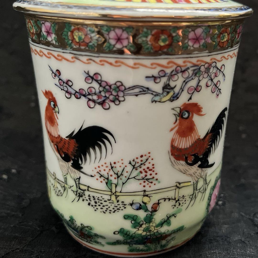 中国廣彩　蓋付き　マグカップ　手描き　にわとり　1客