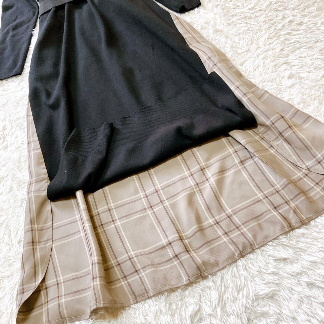 美品 アドーア ドッキングニットワンピース チェック ベルト 38 M