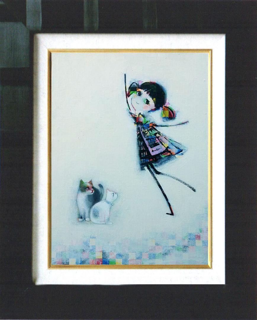 メルカリ 絵画 絵 額付き ( 銀) 油絵 F4-030419 猫と女の子 美術