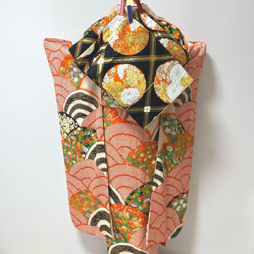 360 振袖フルセット 正絹 橙 朱赤 オレンジ 金彩 駒刺繍 レトロ 古典 360 振袖フルセット 正絹 橙 朱赤 オレンジ 金彩 駒刺繍 レトロ