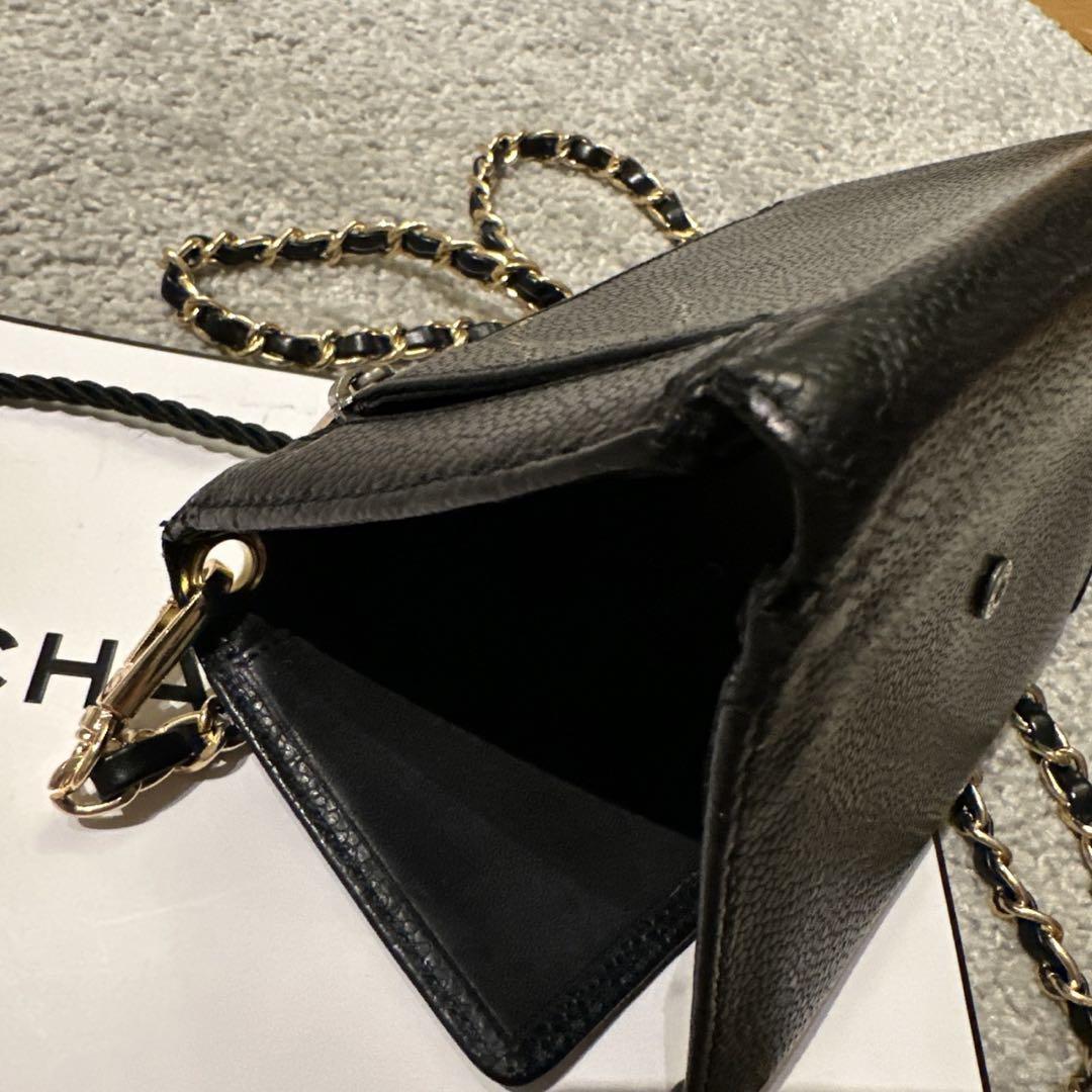 【CHANEL】シャネル　キャビアスキン　三つ折り財布　チェーンウォレット