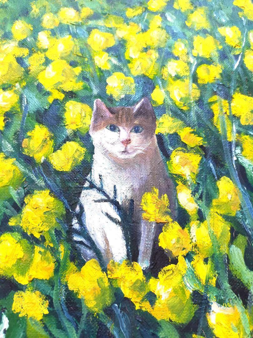 花畑猫　油彩画 原画　ミニ絵画　オリジナル　猫　花 花畑猫 油彩画 原画 ミニ絵画 オリジナル 猫 花 絵画