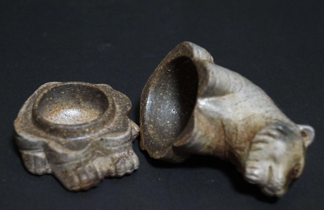 【国内即発送】 備前焼 茶道具 小西陶古造 縁起物☆美品 香合 窯変細工彫り虎 工芸品