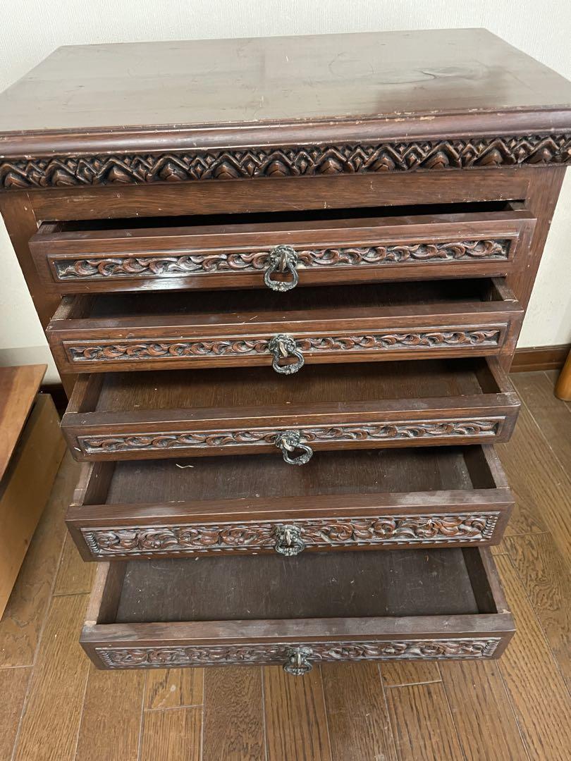 アジア家具　彫刻入り木製5段引き出し アジア家具 彫刻入り木製5段引き出し 家具