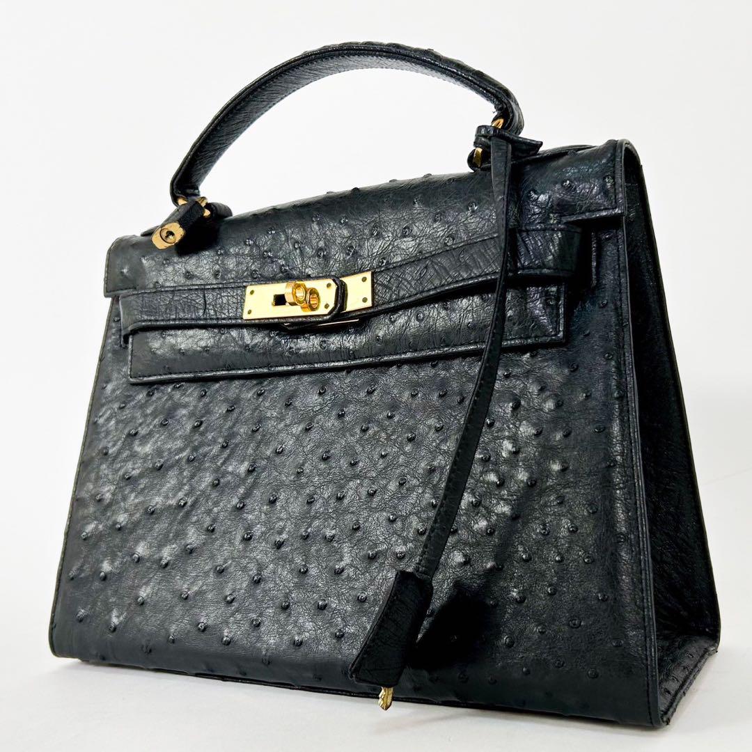 【美品】オーストリッチ ハンドバッグ カデナ クロシェット 黒 ゴールド金具