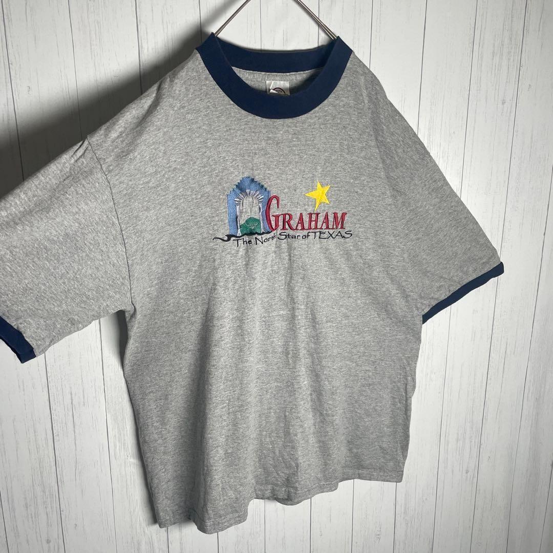 [古着]ビンテージ　半袖　リンガーTシャツ　刺繍デザイン　グレー　ネイビー　US