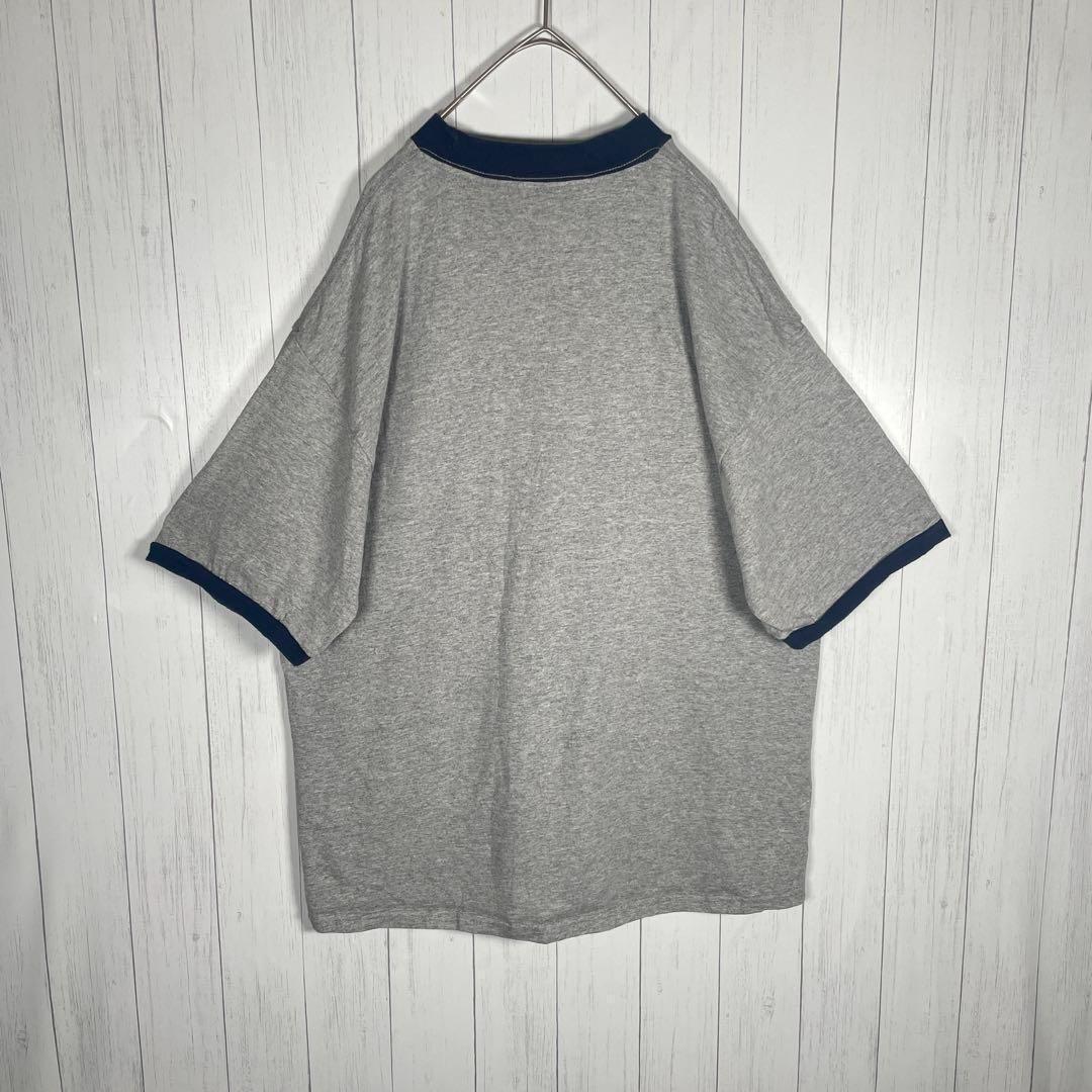 [古着]ビンテージ　半袖　リンガーTシャツ　刺繍デザイン　グレー　ネイビー　US