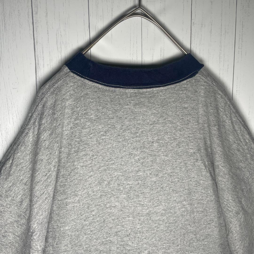 [古着]ビンテージ　半袖　リンガーTシャツ　刺繍デザイン　グレー　ネイビー　US