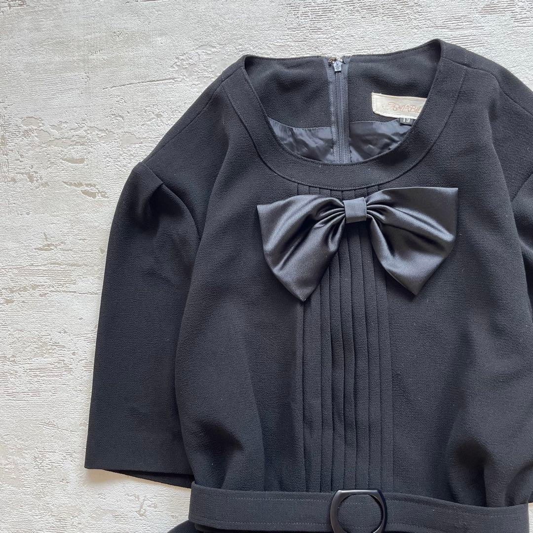 昭和レトロリボン付き半袖ロングワンピースフォーマルブラック13号D